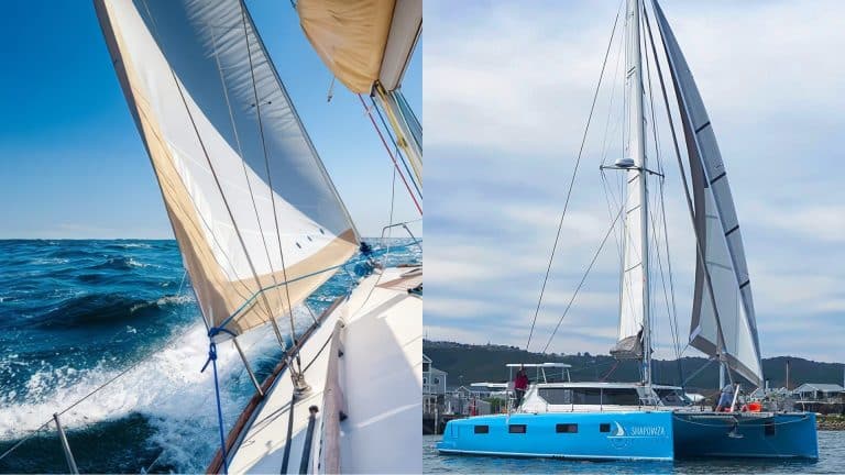 Split-screen comparison of two sailboats: on the left, a monohull slicing through open blue ocean under a bright sky, its deck angled dramatically as it heels; on the right, a bright blue catamaran with upright twin hulls cruising calmly past a marina and waterfront houses under an overcast sky. The image visually contrasts the heeling motion of monohulls with the stability of catamarans.